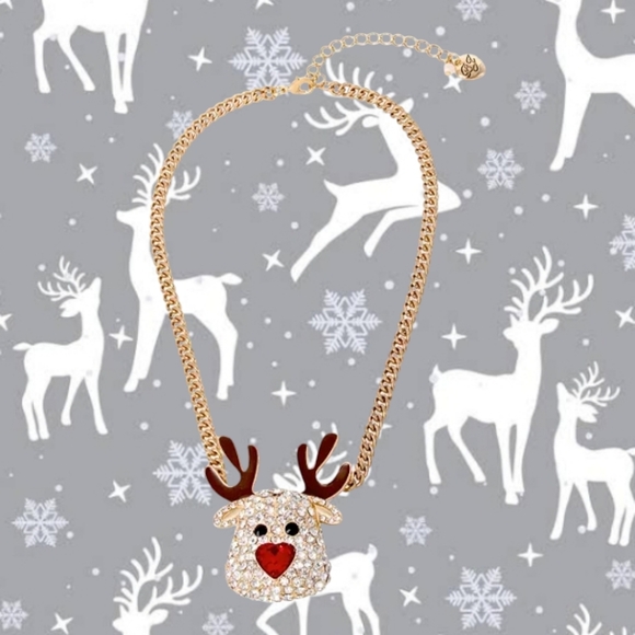 Betsey Johnson Pave Reindeer Pendant Necklace with Red and Gold Accents - Picture 1 of 9